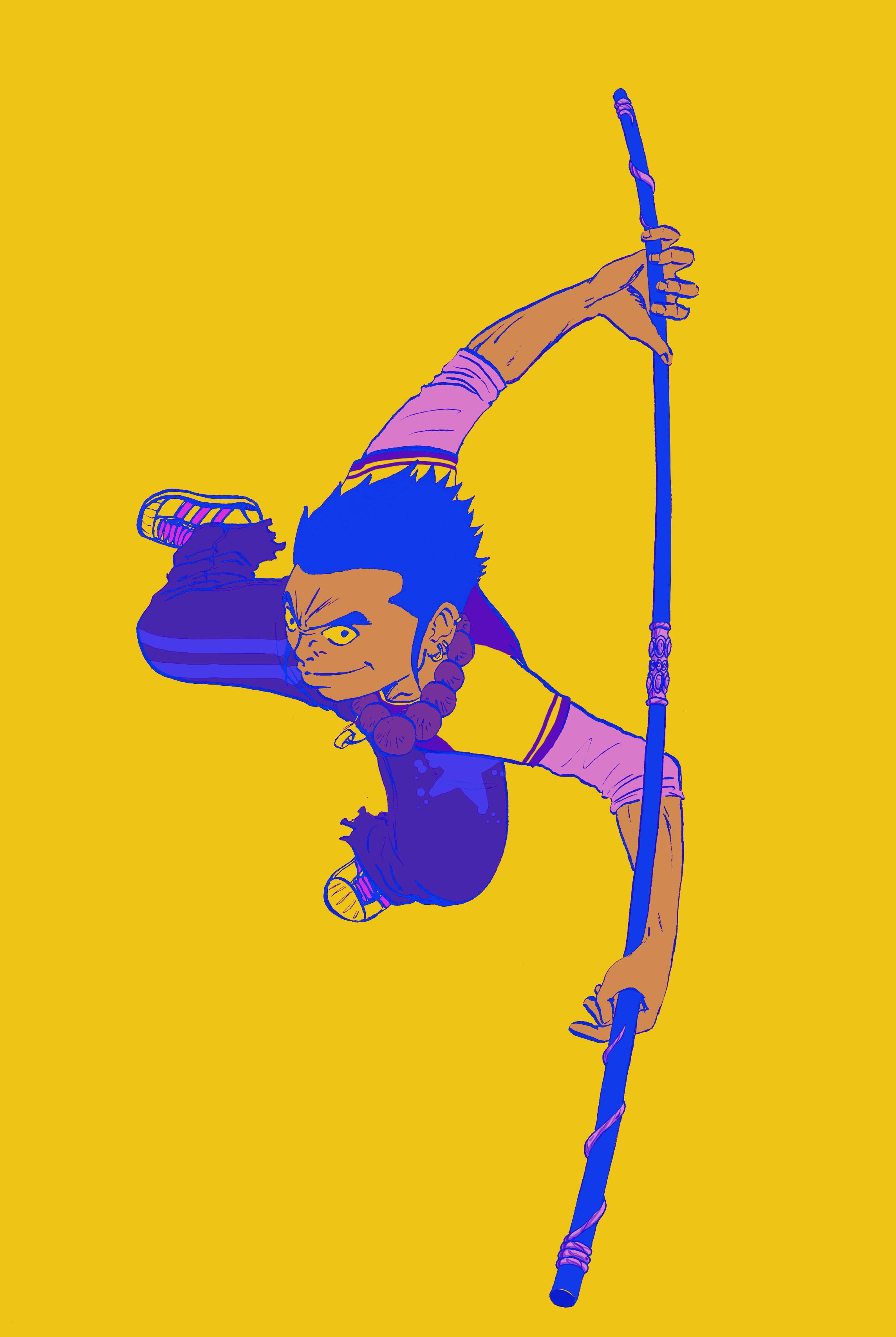 personnage suspendu en l'air avec un baton